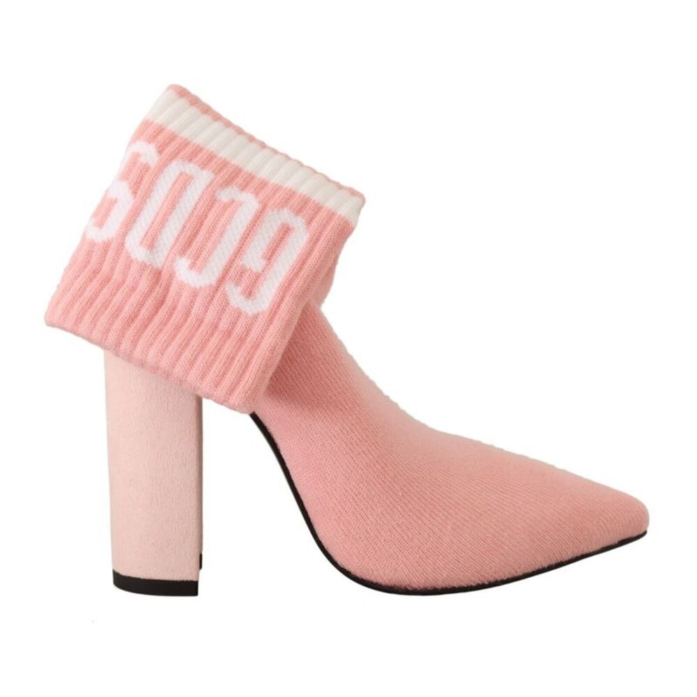 GCDS Pink Suede Logo Socks Block Heel Ankle Boots Women's Shoes